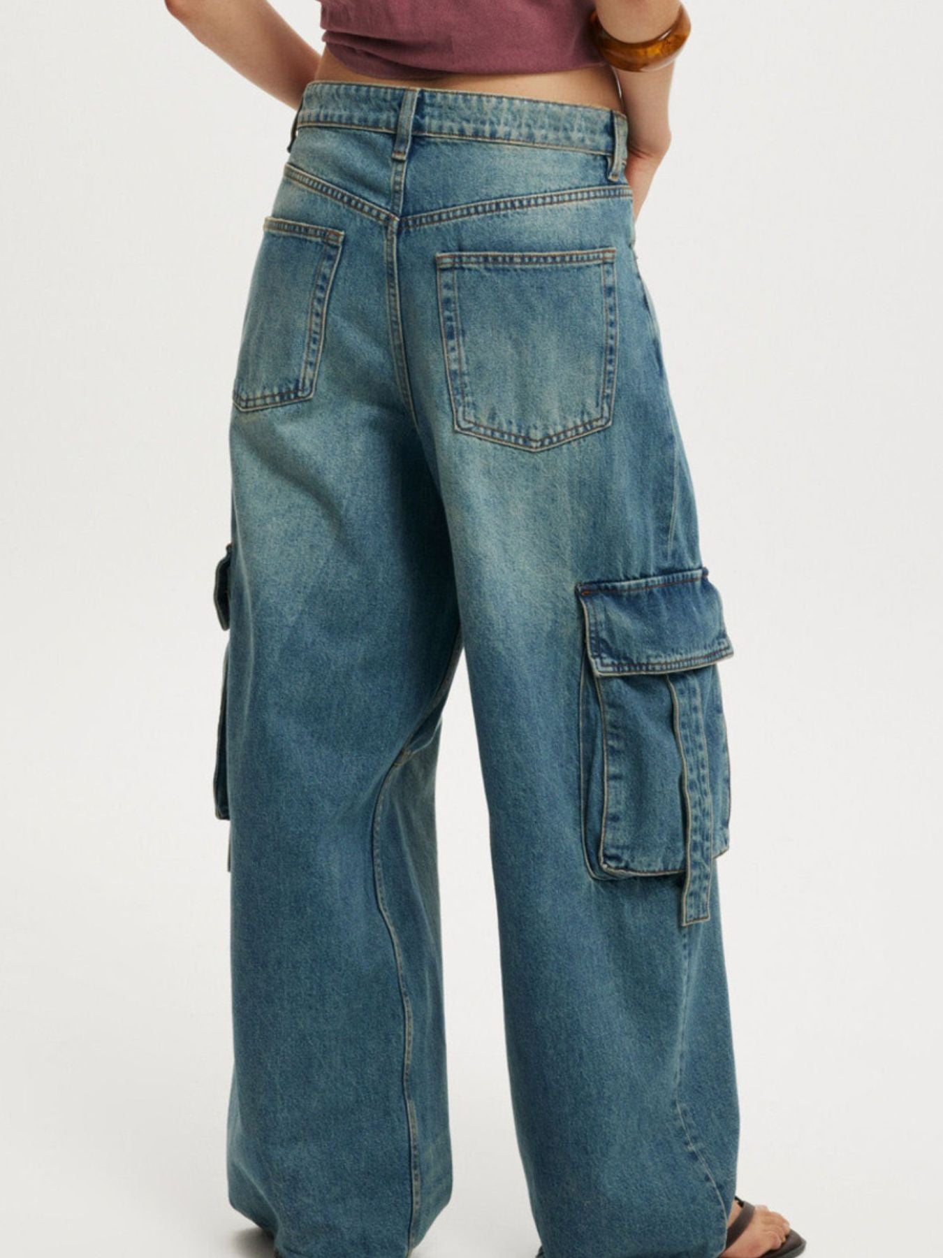 Women's cargo pocket wide leg denim jeans casual style