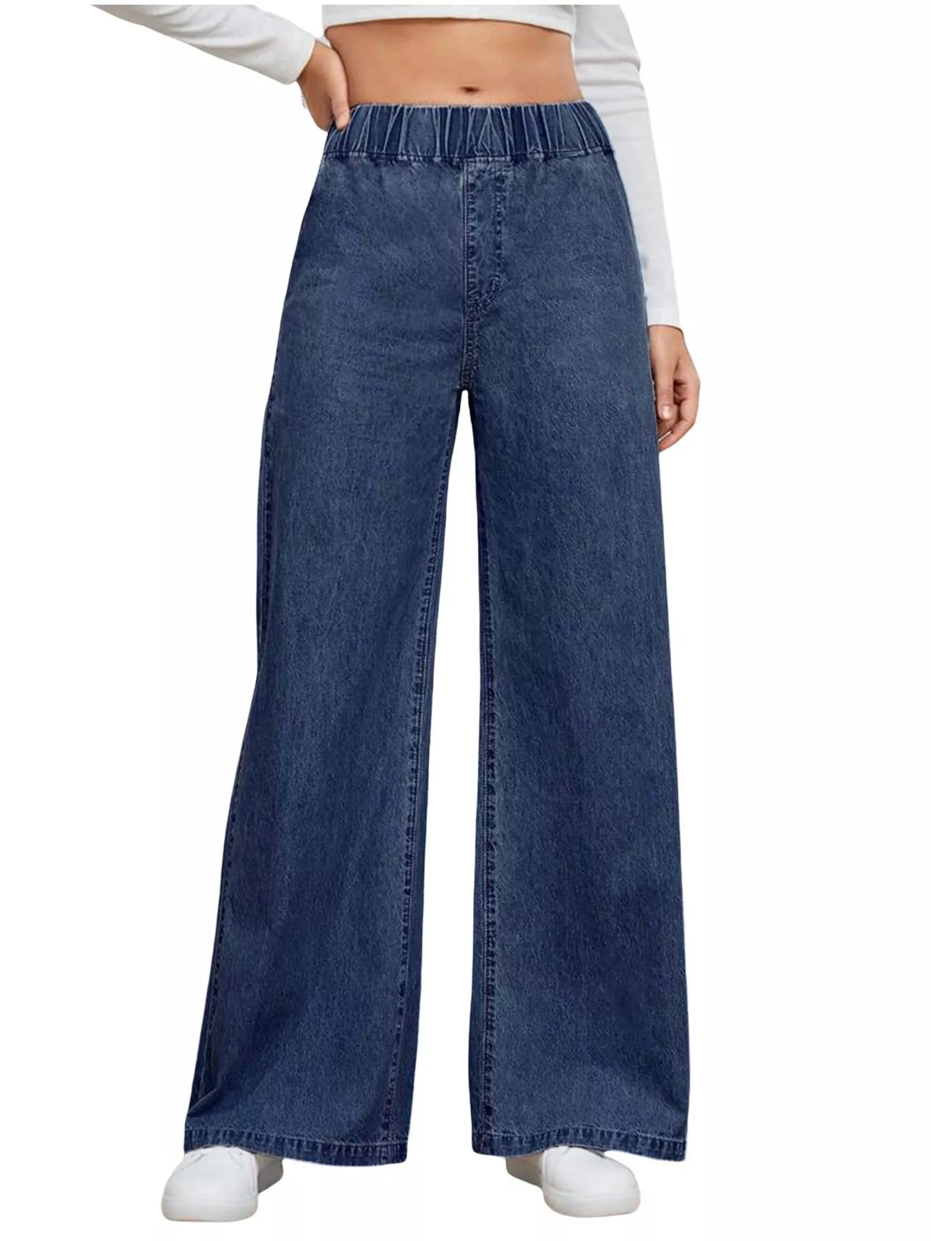 Elastic waist wide leg jeans for women high rise denim pants