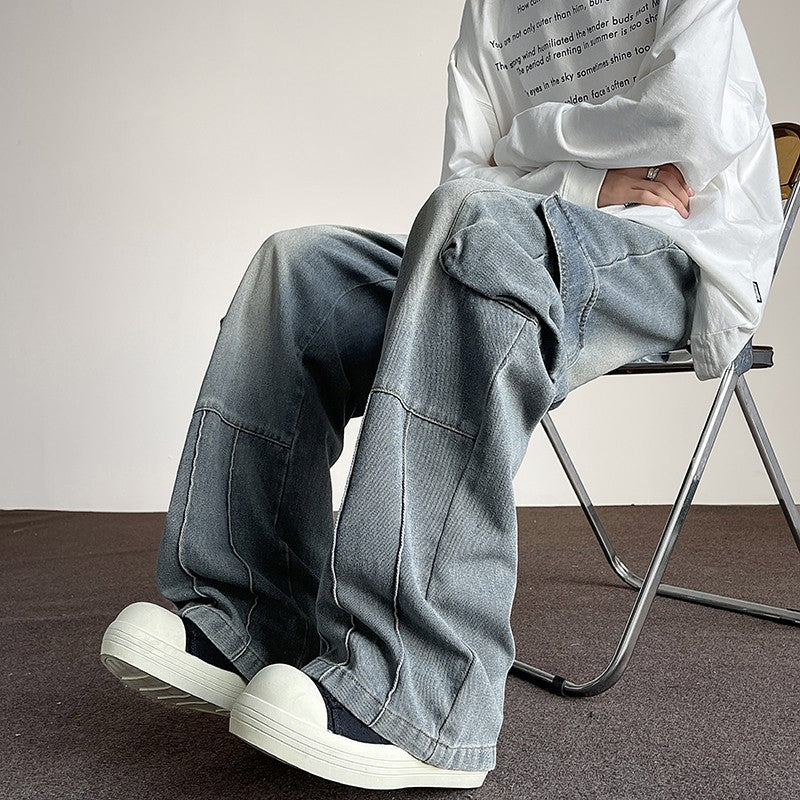 mens korean loose fit drawstring denim jeans casual straight pants