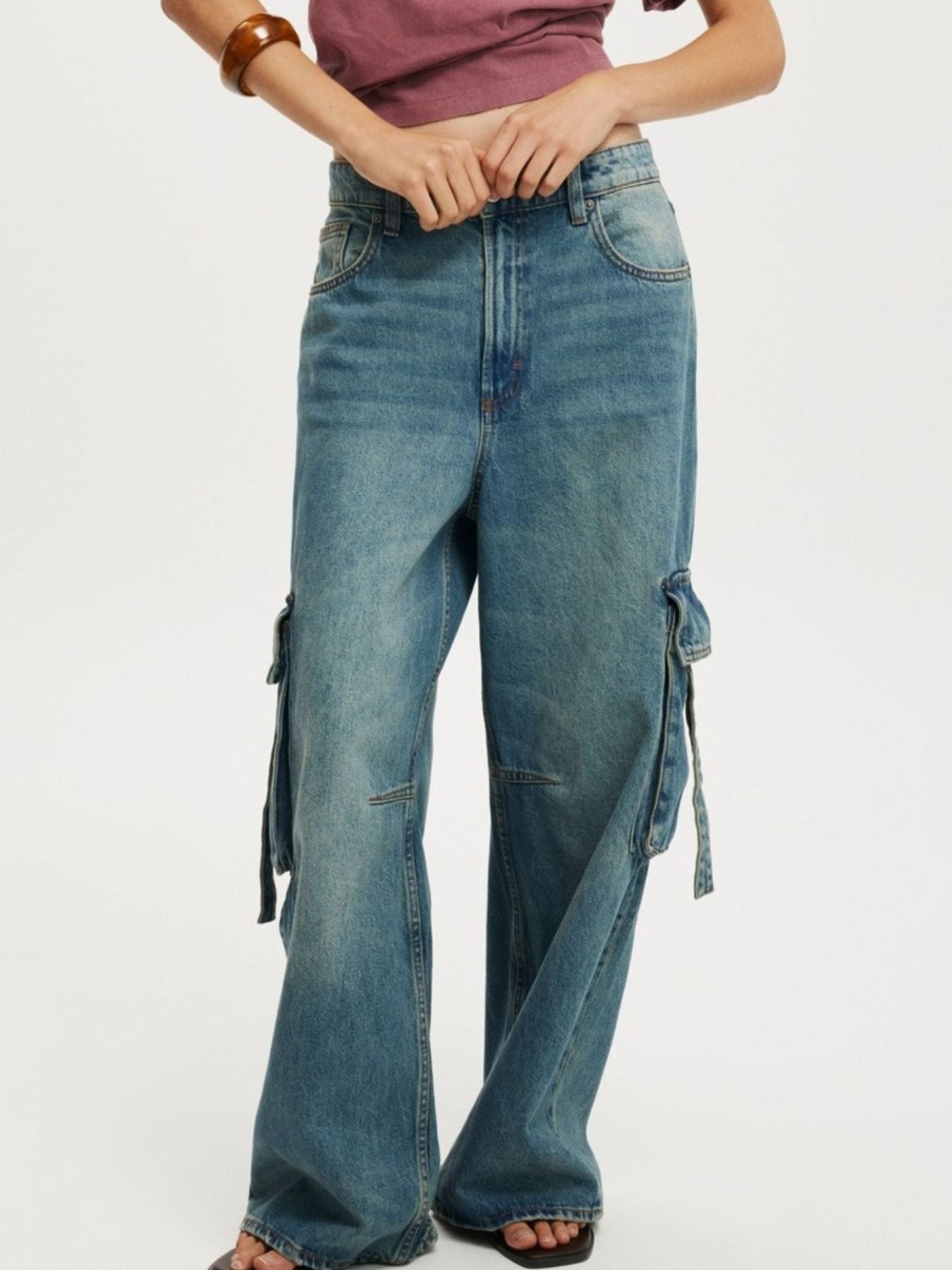 Wash cargo jeans for women vintage wide leg denim pants