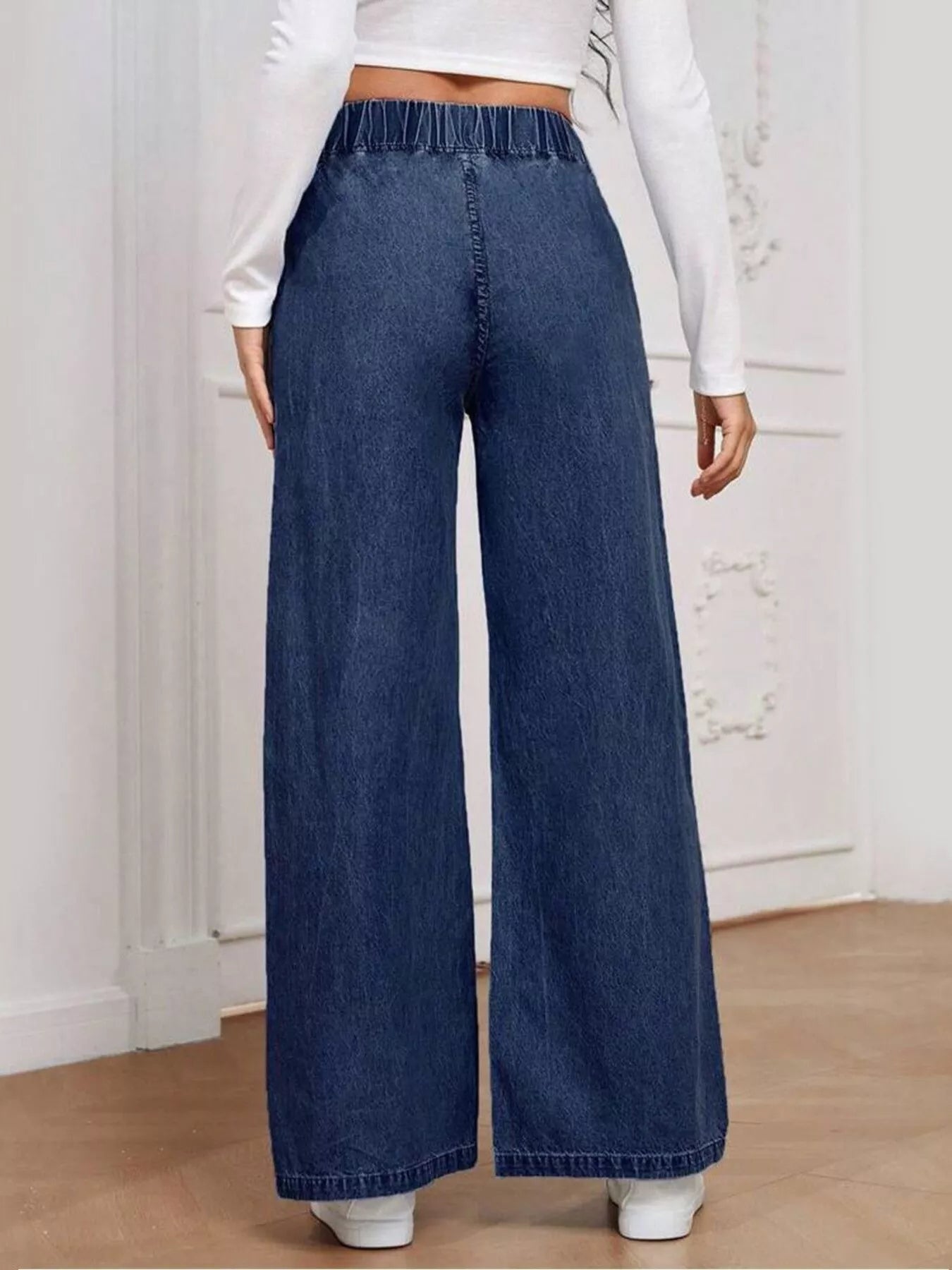 Women's elastic waistband wide leg denim jeans relaxed fit