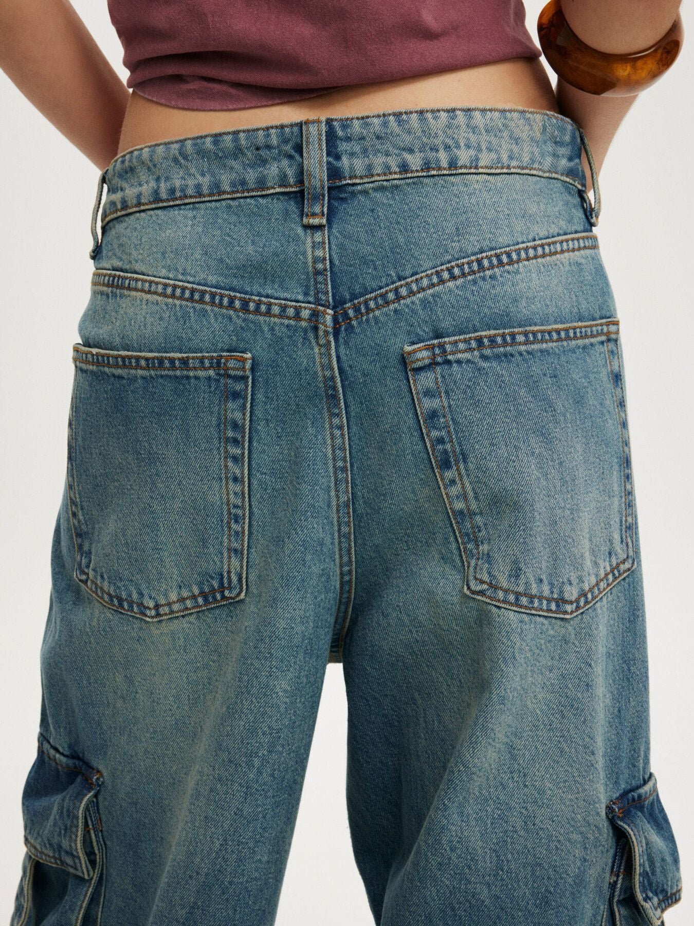 Vintage wash cargo denim jeans for women relaxed fit